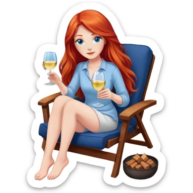 Laughing woman with long red hair and blue eyes holding white wine sitting in chair with feet up beside fire pit sticker