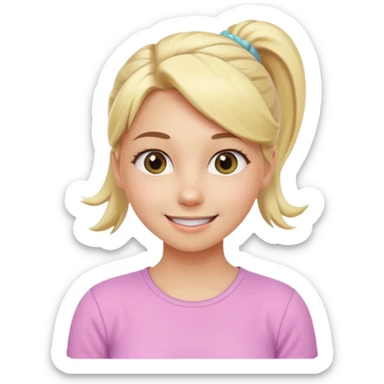 A playful blonde female cartoon character with wide, mischievous eyes, smiling, ponytail, dynamic pose suggesting movement, pastel colors, minimalistic and cute emoji style. sticker