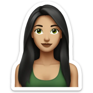 Attractive woman with very long dark brown hair and dark green eyes, wearing a black tank top sticker