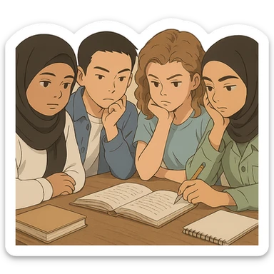 Illustration of four students inspired by the four provided faces, working together around a table in deep thought, studious atmosphere, soft colors, simple background, in Ghibli style. sticker