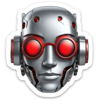 Silver round male cyborg head with red goggles, goatee and circuits sticker
