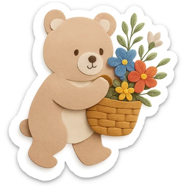 bear carrying a basket of wildflowers, soft pastel brown and cream, paper craft style sticker