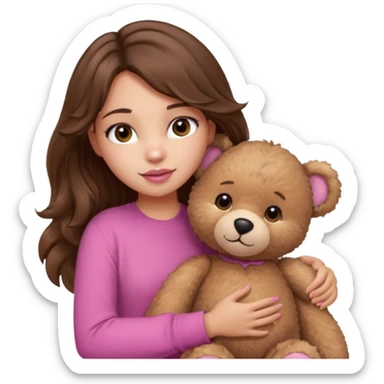girl with long wavy brown hair, brown eyes, light to medium complexion, in a pink shirt, pink lips, long lashes, hugging a teddy bear sticker