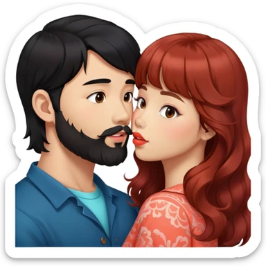 handsome asian man with black hair and beard, kissing cute tan skin woman with long wavy reddish brown hair with bangs and coral lipstick sticker