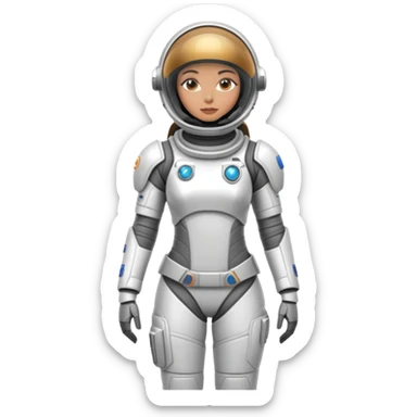 Futuristic female astronaut in a high-tech spacesuit, sleek helmet with reflective visor, detailed sci-fi armor, standing pose, science fiction aesthetic sticker