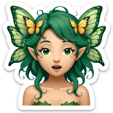 Cinematic Realistic Forest Fairy Portrait, head tilted slightly with a dramatic, wide-open yawn, revealing a tender, relaxed visage with finely detailed tanned skin and flowing, vine-adorned dark green hair gently framing her face. Her sleepy eyes exude a serene, dreamlike quality as soft natural sunlight filters through the canopy, showing her large butterfly wings from her back capturing the essence of a drowsy yet captivating forest drifting into peaceful slumber. sticker