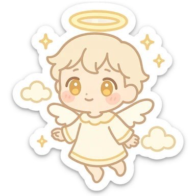 chibi angel character with soft glowing halo, tiny white wings, golden eyes, blushing cheeks, pastel white and gold outfit, floating pose, dreamy expression, sparkles and clouds around, kawaii celestial sticker sticker