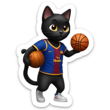 Black cat with a FC Barcelona t-shirt playing basketball sticker