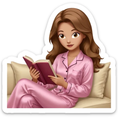 Woman with light tanned skin reading a book on Beige sofa. Long wavy brown hair. Beige ivory colour background. Light pink Silk pyjamas. Realistic person. Fox eye shape with long lashes. Pinky brown lips. sticker