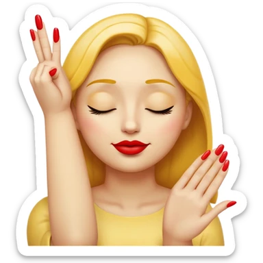 Standard yellow emoji face with closed eyes forming upward curved lines, visible eyelashes, pursed lips with red lipstick, and a hand showing only the thumb out with all other fingers closed against the palm, painted nails sticker