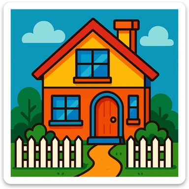 a cheerful family house with a picket fence, in a vibrant toon style sticker