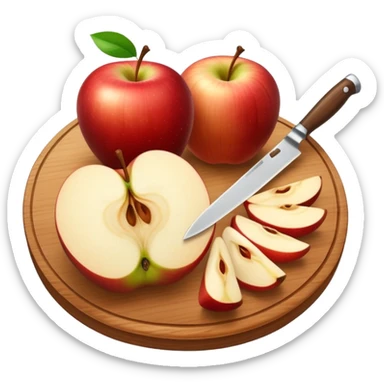 A round wooden board with a whole apple and several slices on it and knife, with a soft glow sticker