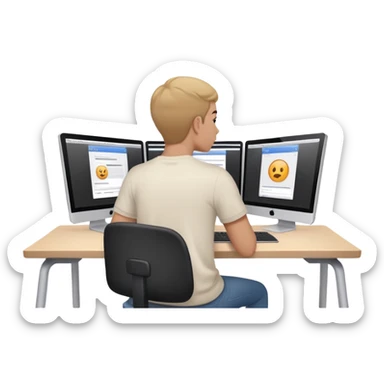 Video editor sitting in front of two screens, editing a video. View from behind, over the right shoulder sticker