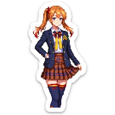 Honoka Kosaka from Love Live standing in Otonokizaka High School courtyard, orange side ponytail with yellow ribbon, blue eyes, navy blazer, red ribbon at collar, blue tartan skirt, black knee socks, brown loafers, cherry blossom petals floating, spring breeze, cheerful and determined expression sticker