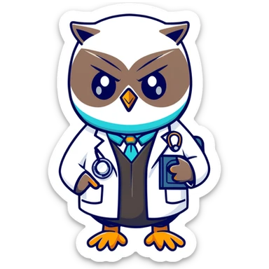Twilio owl wearing doctor outfit with stethoscope and white coat sticker