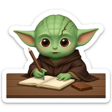 Baby Yoda con su tunica chocolate escribiendo en un cuaderno sobre un escritorio sticker