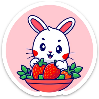 bunny picking strawberries in the woods, sweet pastel red sticker