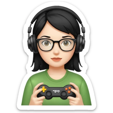 
gamer, woman shiny black hair no eyebrows with glasses, headphone, gamepad sticker