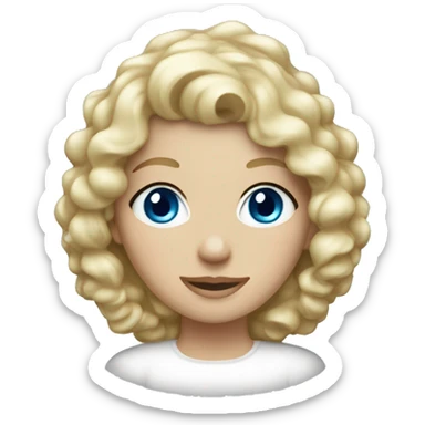 White lady with curly blonde hair and blue eyes wearing a Christmas hat sticker