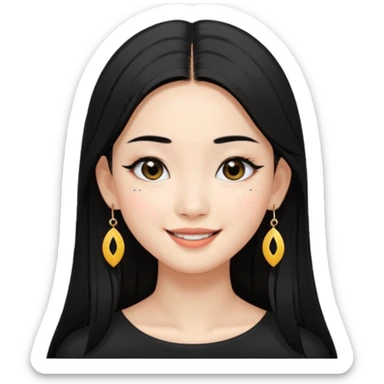 A Asian girl with fare skin and earrings, long straight black hair that is covering her checks with black eyes, smiling with a open wings eyeliner sticker