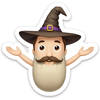 a pillow standing on his both legs, raising his both hands with witch hat and a big mustache sticker