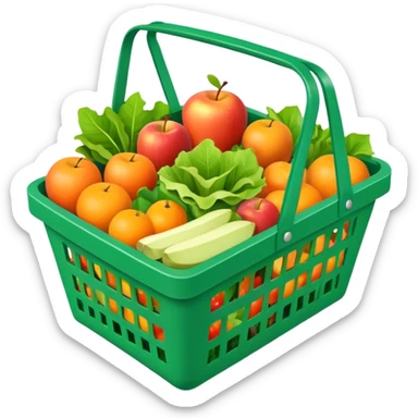 green grocery basket filled with groceries, isometric 3d realistic, colorful sticker
