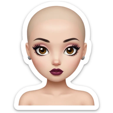 bald, pretty lips, pale tattoed skin,  dark brown eyes, pretty bratz baddie, black eyeliner sticker