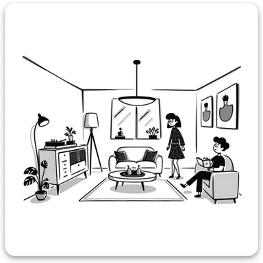 A mid-century modern living room with two people working on laptops — a woman standing at a dresser and a man sitting on a couch. The room has visible floor and two walls forming a corner, large window, modern pendant lamp, turntable, vinyl record stand, retro posters on the wall sticker