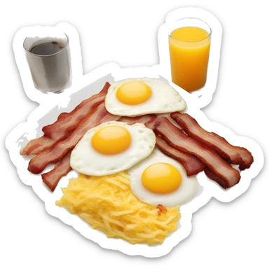 white plate with strips of bacon, eggs cooked sunny side up, diced potato hash browns, sausage links with a bowl of fruit as a side and a large glass of orange juice sticker