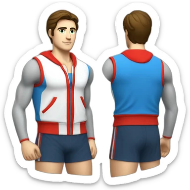 retro 70s blue and red gym clothes for a modern white brunette uni male student with glass sticker