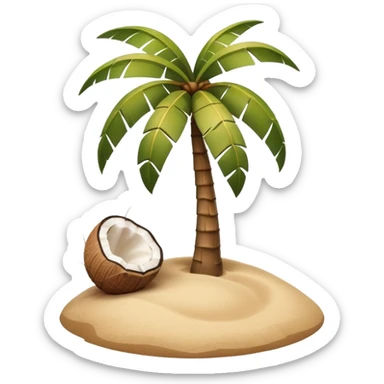 A 3D cartoon coconut palm tree with coconuts near the top and a sandy base, tropical light setting, Memoji-style realism. sticker