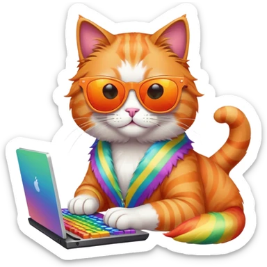 Cat with mirror sunglasses working on computer in rainbow  sticker