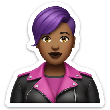 Plus size black woman with very short pink hair and a purple leather biker jacket with makeup on face. sticker