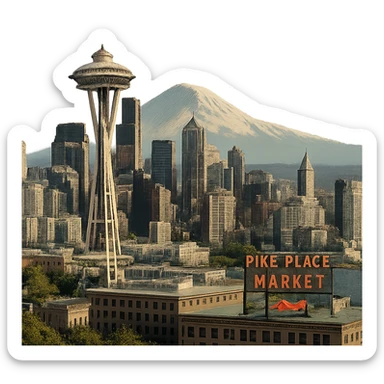 cinematic realistic emoji of Seattle, wide city view with iconic landmarks including Space Needle, Smith Tower, Mount Rainier in the background, Pike Place Market, lifelike detail, accurate colors, bright daytime lighting, no sky, no clouds, fully transparent background sticker