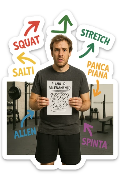 a person stands in the center of a gym, surrounded by arrows pointing in all directions, each labeled with a different exercise (e.g., “squat,” “Salti,” “stretch,” “Panca Piana”). The person looks bewildered, holding a workout plan with scribbles and question marks. The scene is colorful but visually messy, symbolizing confusion. in italiano immagine iperrealistica sticker