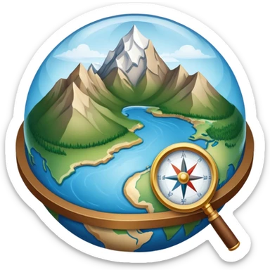An icon featuring a globe, a compass, and a topographic map, symbolizing geography. The design includes mountain ranges, rivers, and a magnifying glass, representing the study of Earth's landscapes, features, and spatial relationships. Transparent background highlights geographic exploration. sticker