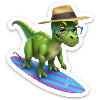 Dinosaur with glasses and a hat on a surfboard  sticker