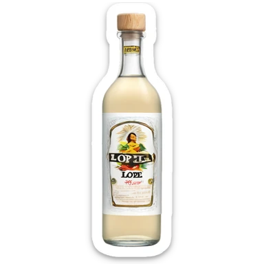 A tequila blanco classic transparent long cylindrical bottle with the text "Lopez" on the middle of the label. Only the cap is made of light wood sticker