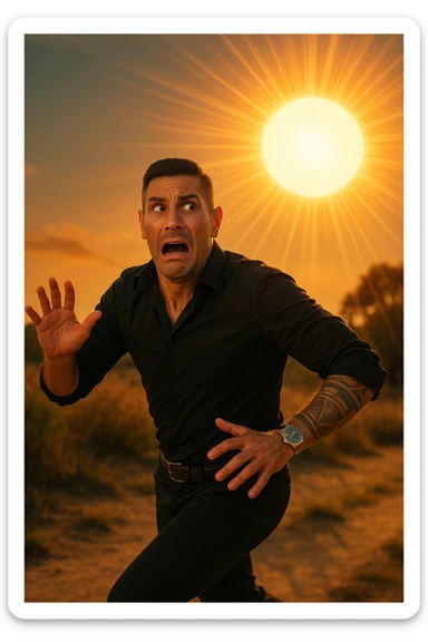 Uomo che corre via dal sole spaventato perchè pensa sia nocivo realistica sticker