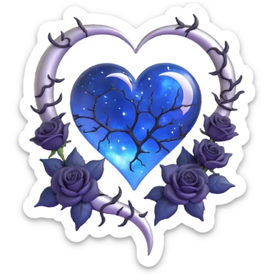 gothic heart, midnight blue glass, silver crescent moon, black roses, stardust, lightning, rain, cracked glass, holographic style sticker