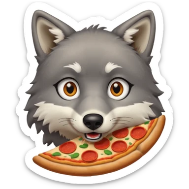 a sitting surprised grey wolf eating a piece of pizza emoji sticker