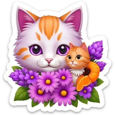 Pink and purple flower bouquet next to a cute cat sticker