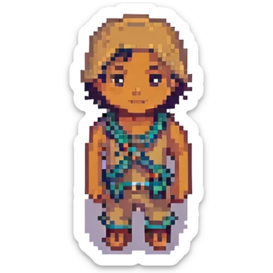 Make the boy's skin tone tan, keep everything else the same, pixel art style, with no background. sticker