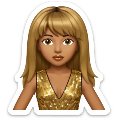 Tina Turner with long brown straight hair, gold sequin outfit sticker