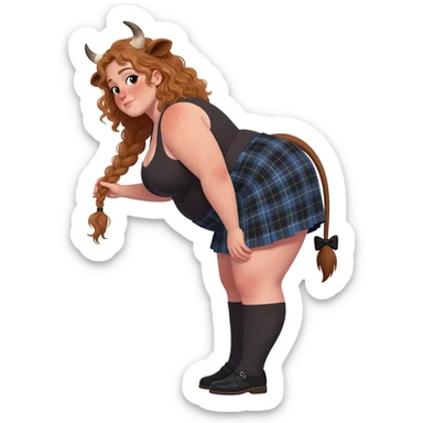 shy buff curly woman with frecles with light brown messy hair leans forward touches her braid with her strong fat thights with cow horns and cow brown ears with big butt in a short scottish kilt with a brown cow tail with a black bow at the base of the tail and with knee socks and sshoes side view sticker