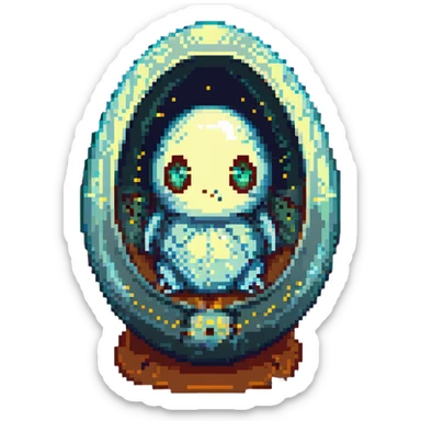 a tiny fetal shape inside of a large glass egg, alien embryo, eerie, tiny glowing eyes sticker