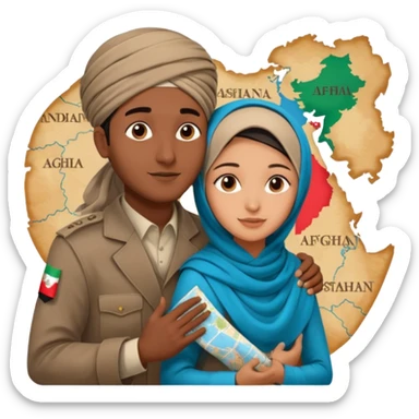 An emotional artistic illustration of an Indian man and an Afghan hijabi girl standing on the maps of India and Afghanistan, symbolically embracing despite the distance, showing love beyond borders. sticker