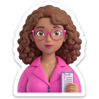 3D style character with curly hair, light brown skin, brown eyes, pink prescription glasses, busty sticker
