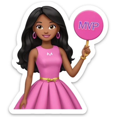 Black barbie, long black  hair, pink dress holding mvp sign  sticker