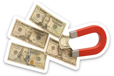 cinque banconote fluttuano in aria attratte da una calamita rossa, iperrealistica 4k, isolato su sfondo bianco sticker